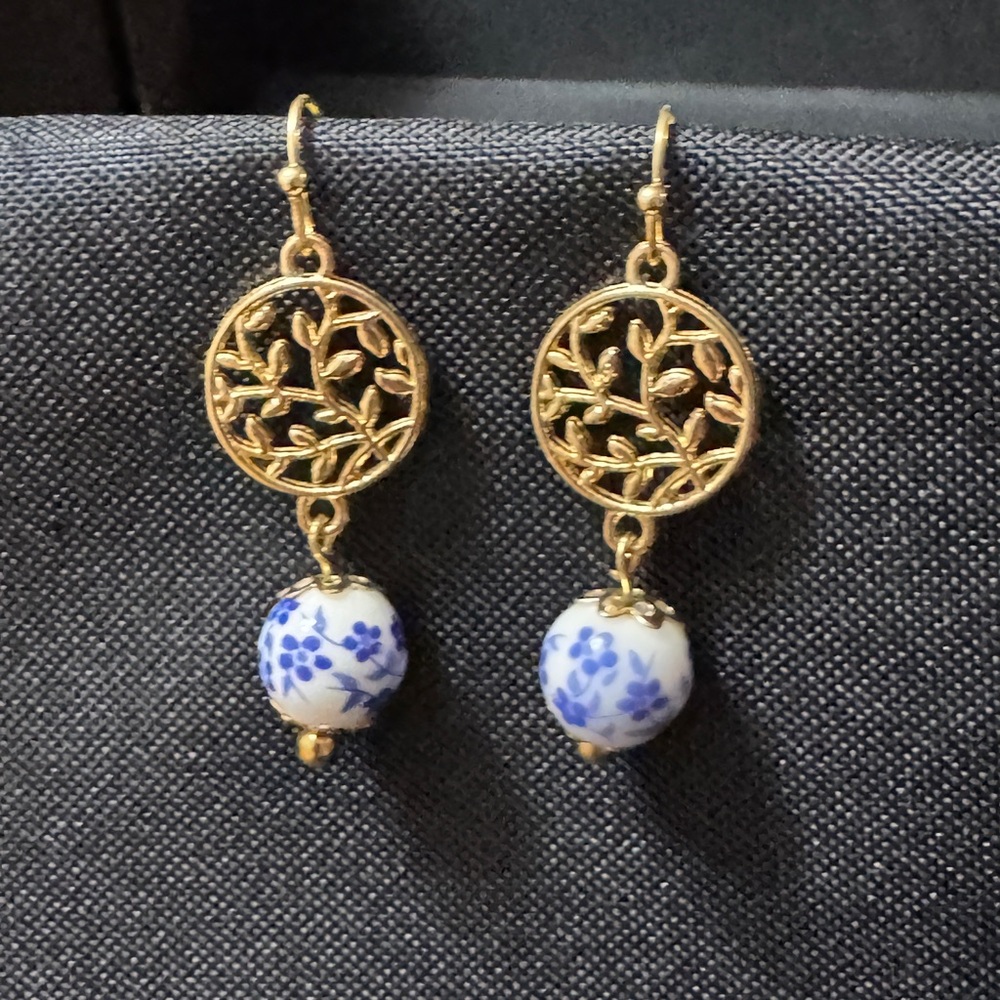 Gold Filigree & Blue Porcelain Drop Earrings – Chinoiserie Floral Bead - Picture 2 of 2